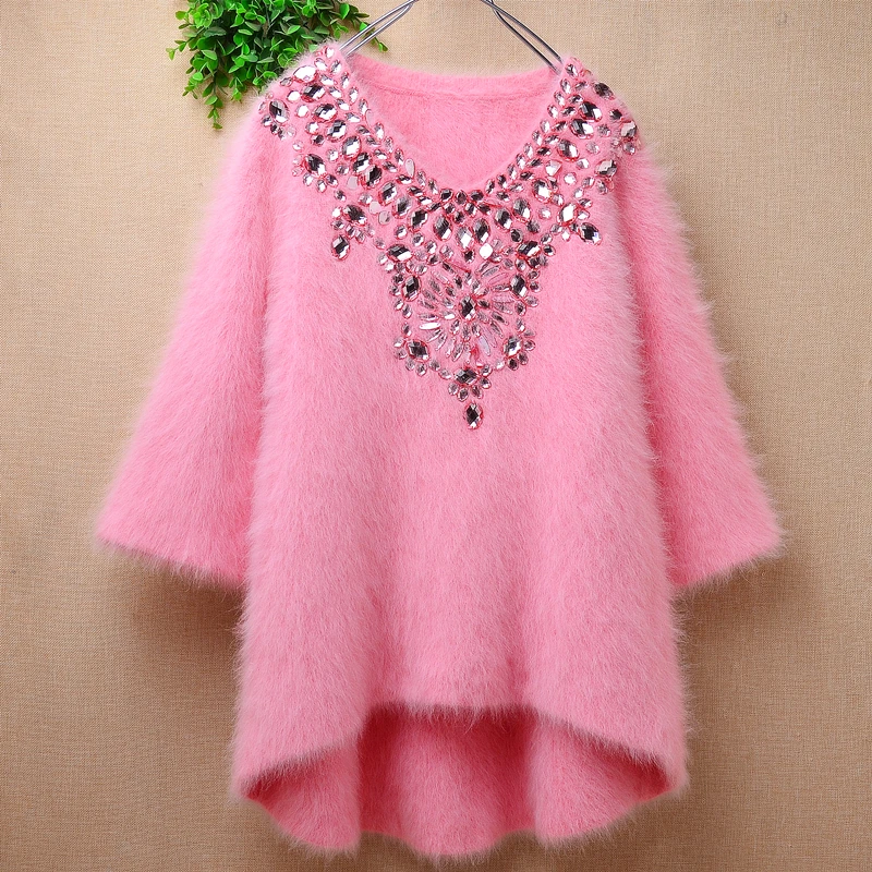 

Female Women Fall Winter Clothing Pink Beading Hairy Mink Cashmere Knitted Half Sleeves V-Neck Slim Blouses Pullover Sweater Top