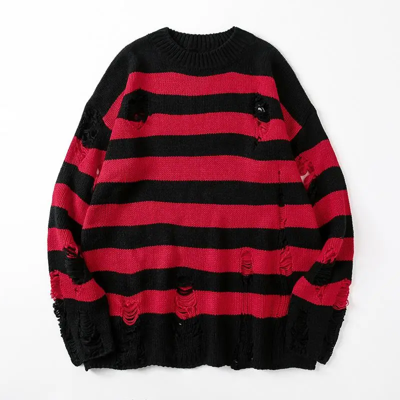 

Black Stripe Sweaters Destroyed Ripped Sweater Men Pullover Hole Knit Jumpers Men Oversized Sweatshirt Harajuku Long Sleeve Tops