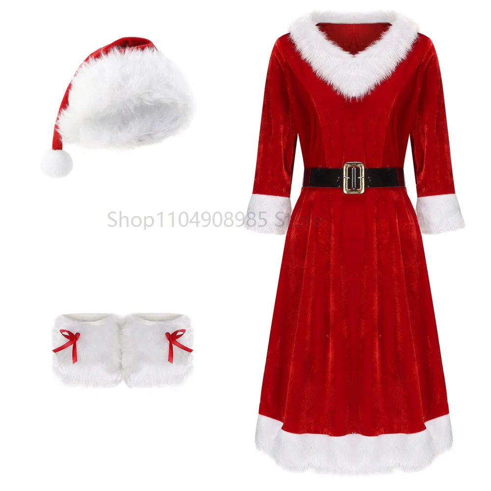 Women Christmas Sexy Santa Outfit Mrs. Claus Costume Set Sweetie Adult Christmas Santa Claus Costume Red Dress and Santa Hat