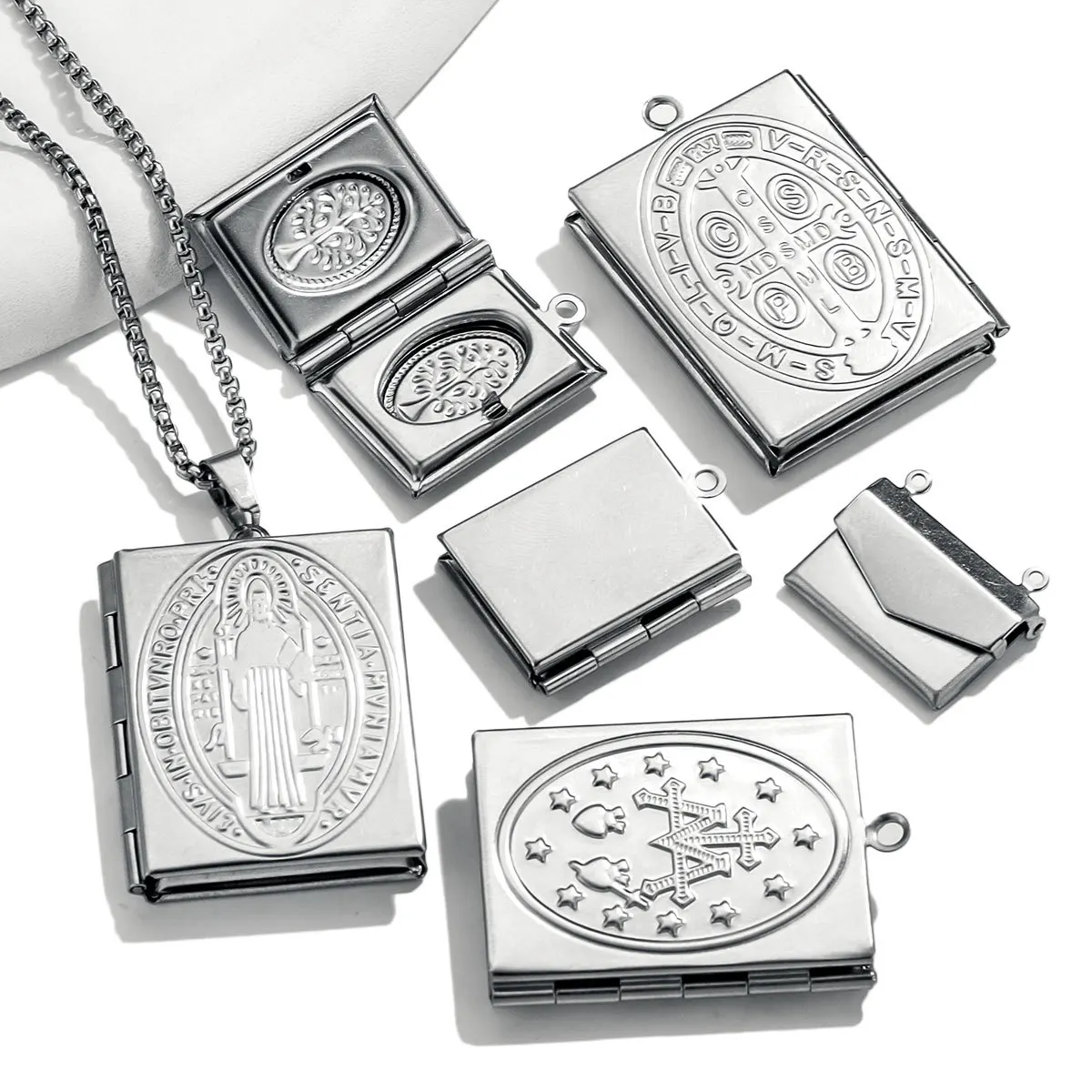 Stainless Steel Rectangular Phase Box Pendant Retro Envelope Pendant DIY Creative Necklace Accessories 1