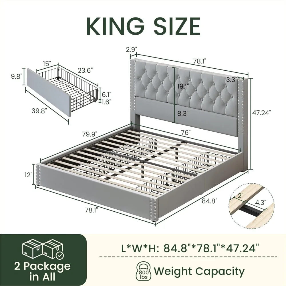 Storage and Tufted Headboard with 4 Drawers, Wood Slats Support, Easy Assembly, Noise-Free, Bed Bases & Frames 2