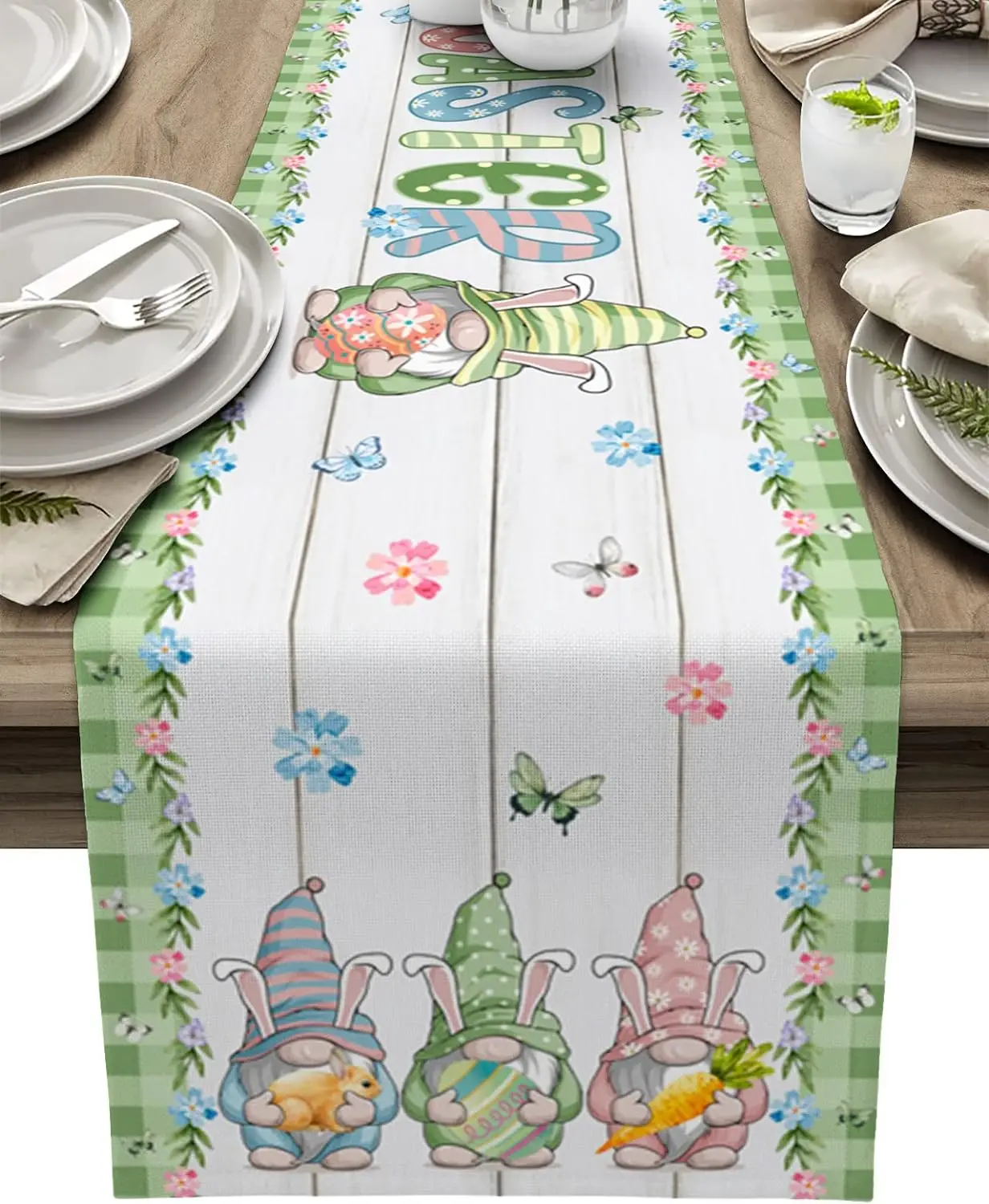 

Easter Table Runner Eggs Gnome Green Buffalo Plaid for Coffee Table Decoration Linen Table Runner Farmhouse Dining Party Decor