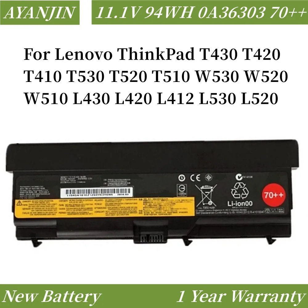 

70++ 0A36303 11.1V 94WH Laptop Battery For Lenovo ThinkPad T430 T420 T410 T530 T520 T510 W530 W520 W510 L430 L420 L412 L530 L520