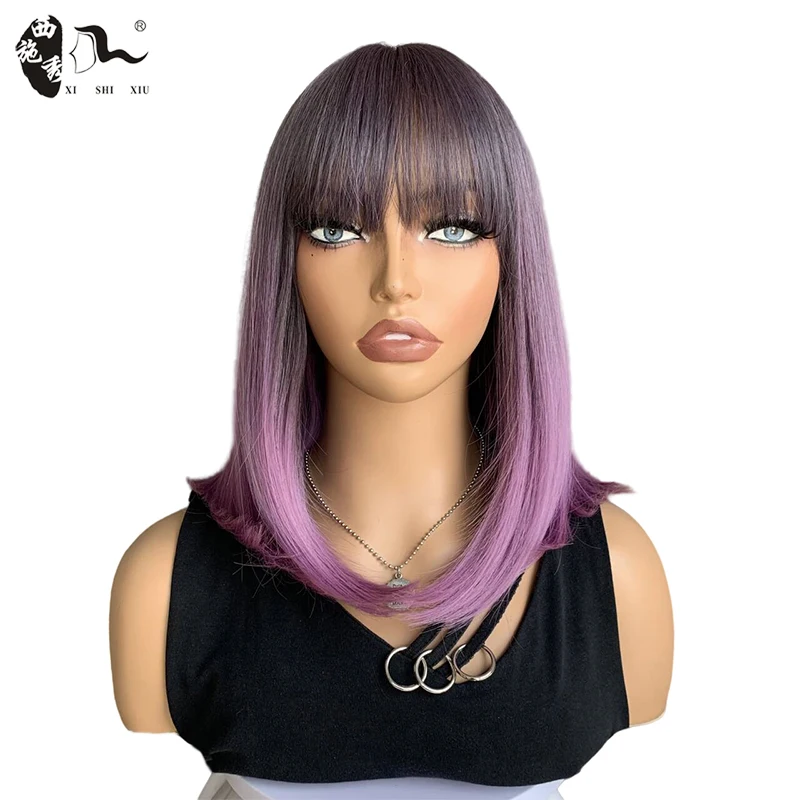 

Short Ombre Purple Straight Bob Synthetic Wigs With Bangs For Women Heat Resistant Fake Hair Natural Looking Party Daily Use Wig