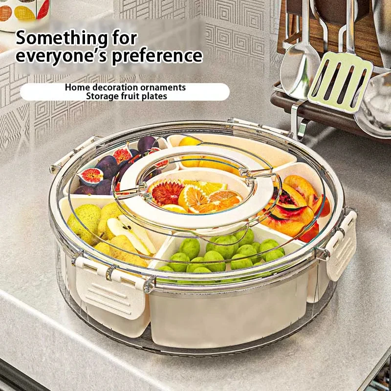 Round/Square Multi Compartment Fruit Tray Snack Box with Lid Handle for Home Organization Clear Divided Rotating Serving Tray