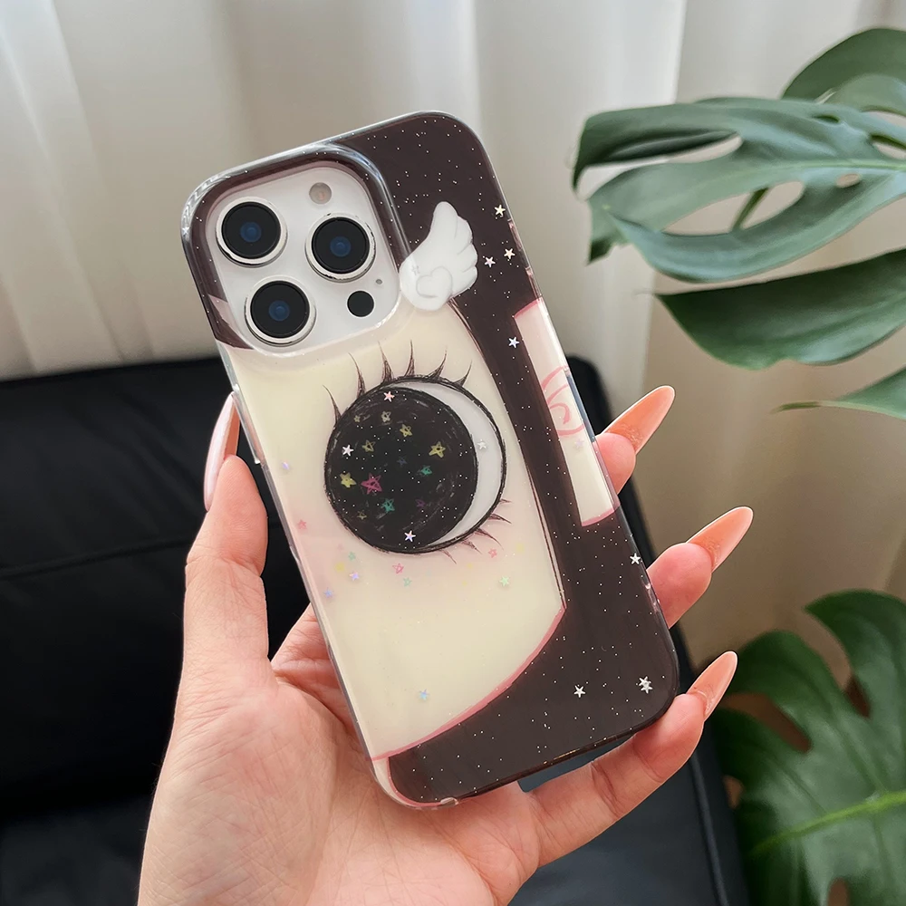 Cute Anime Shining Eyes Cartoon Phone Case with Glittering Comic Girl Design