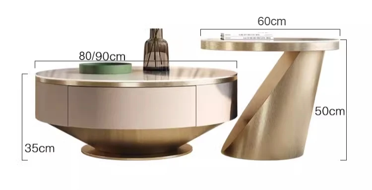 Description Picture 2 of item2pcs Modern Gold White Round Marble Slab Coffee Table Set Wooden Furniture Luxury Center Table For The Living Room