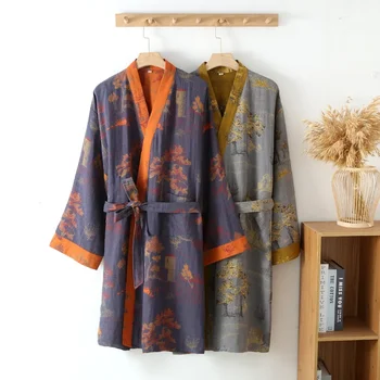 Kimono in cotone con cintura per uomo Primavera Jacquard Sottile stampato Pigiama estivo traspirante di media lunghezza Accappatoio da uomo 1