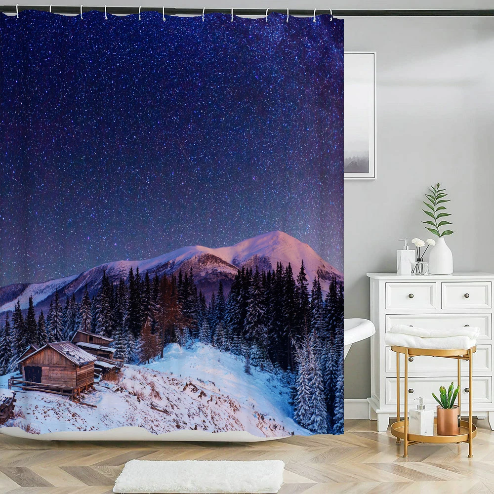 

Starry Sky Forest Print shower curtain natural Scenery bath curtain waterproof fabric bathroom curtain with Hook for home decor