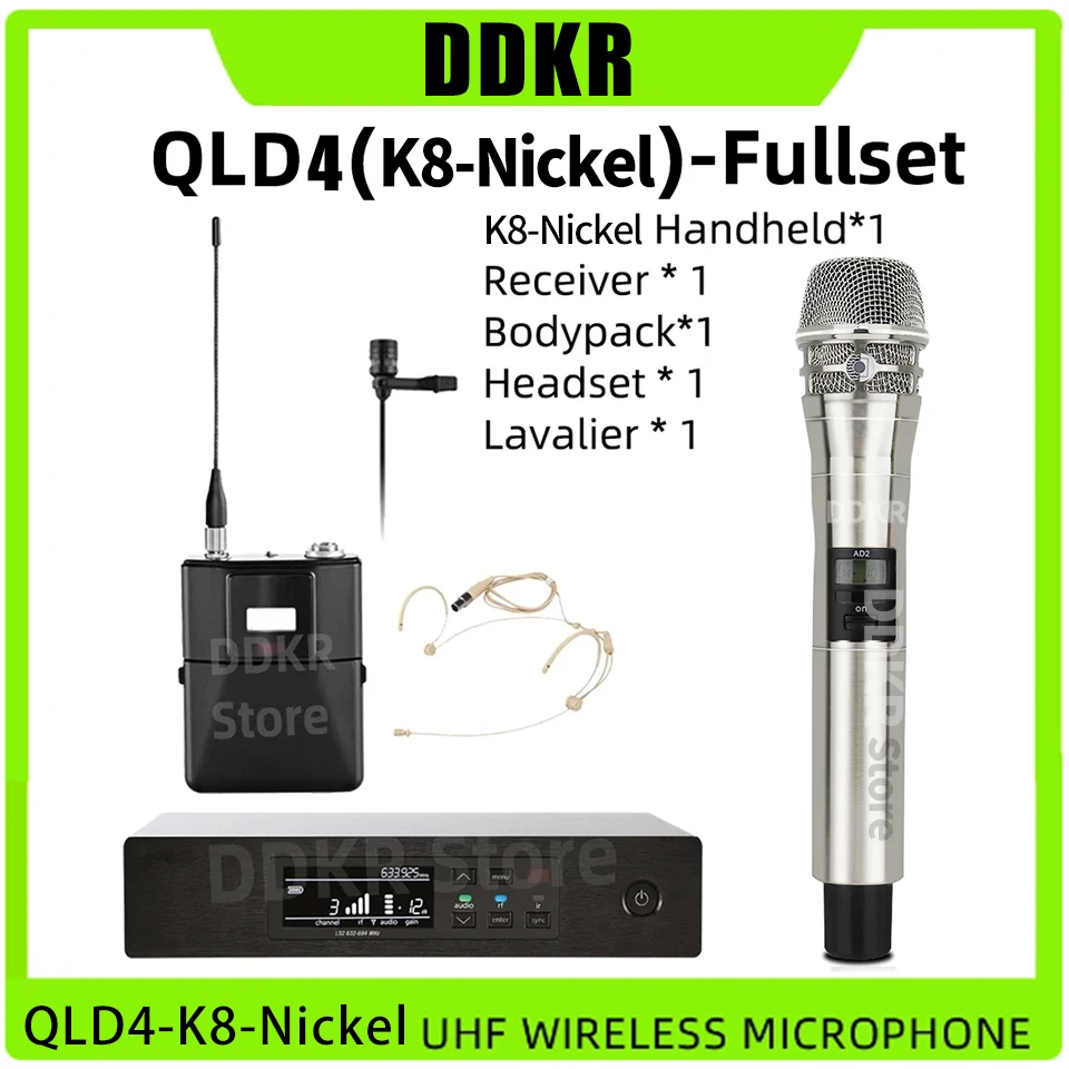 

DDKR QLD4 K8-Nickel Fullset UHF True Diversity Wireless Microphone System Karaoke Stage Performances Mic Wireless Professionnel