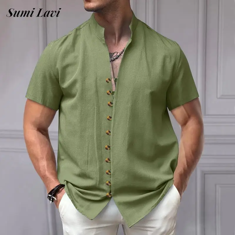 

Рубашка мужская с воротником-стойкой, Повседневная блуза с короткими рукавами, на пуговицах, винтажный однотонный Свободный кардиган, топы, лето 2024