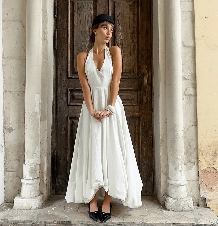 White V-Neck Backless Long Dress Female Sleeveless High Waist Fashion Elegant Luxury Bodycon Dress Women Solid Maxi Dress