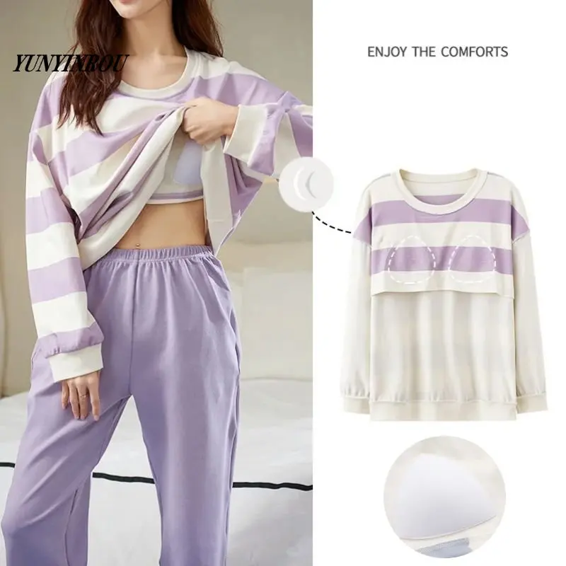 

Spring Autumn Knitted Pajama Sets Elegant Women Pyjamas Sleepwear Bra Padded Loungewear Pijama Mujer Female Nightwear Homewear