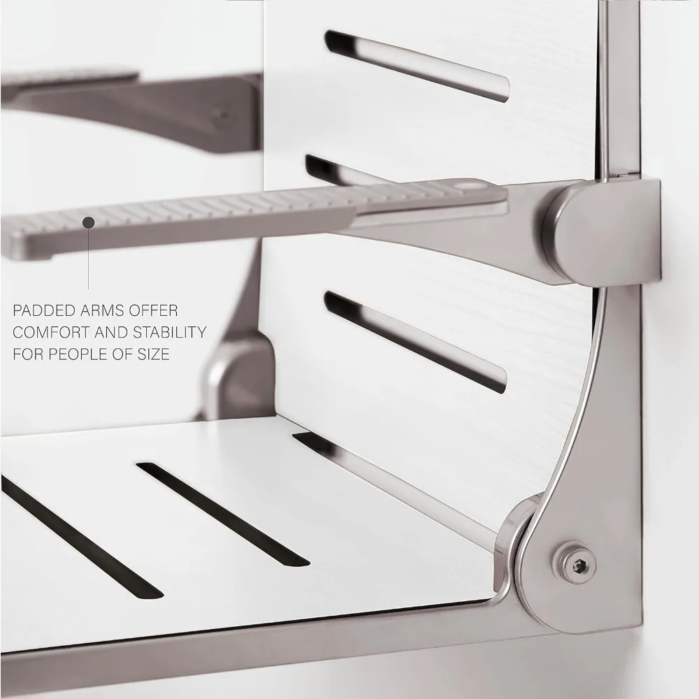 Comfort Folding Wall Mount Shower Bench Seat with Arms, White Seat with Silver Frame 4