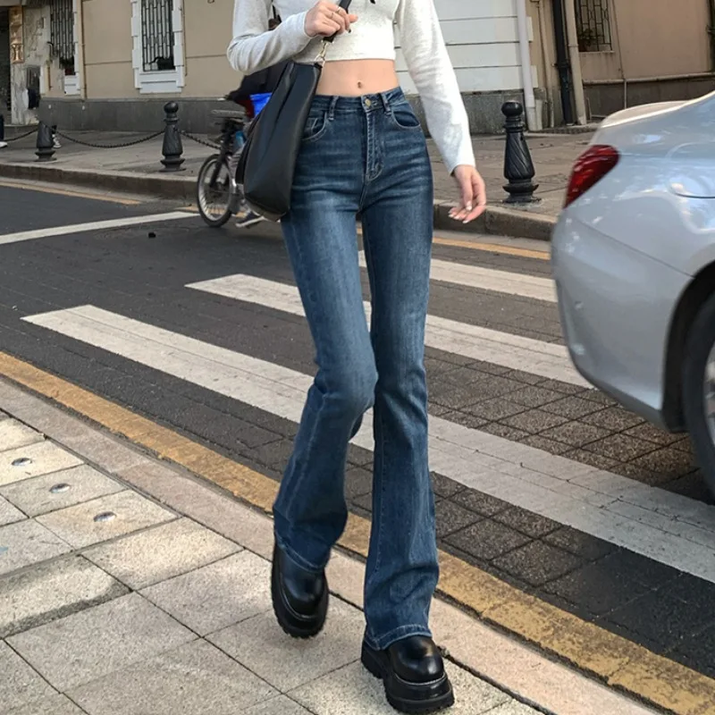 Flare Jeans Women Bleached Korean Style Chic Slim Trendy Stretchy Hipster  Retro Elegant Ulzzang College Street Full Length Lady