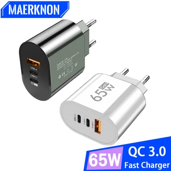 GaN USB 충전기 빠른 충전 3.0 PD C 타입, 아이폰 샤오미 삼성용, 3 포트 벽 충전기, 65W