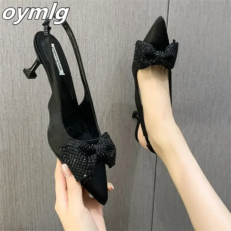 

2024 Fashion High Heel Shoes Women's Fine Heel Temperament Celebrity Slippers Autumn Pointed Shoes Bowknot Baotou Sandals