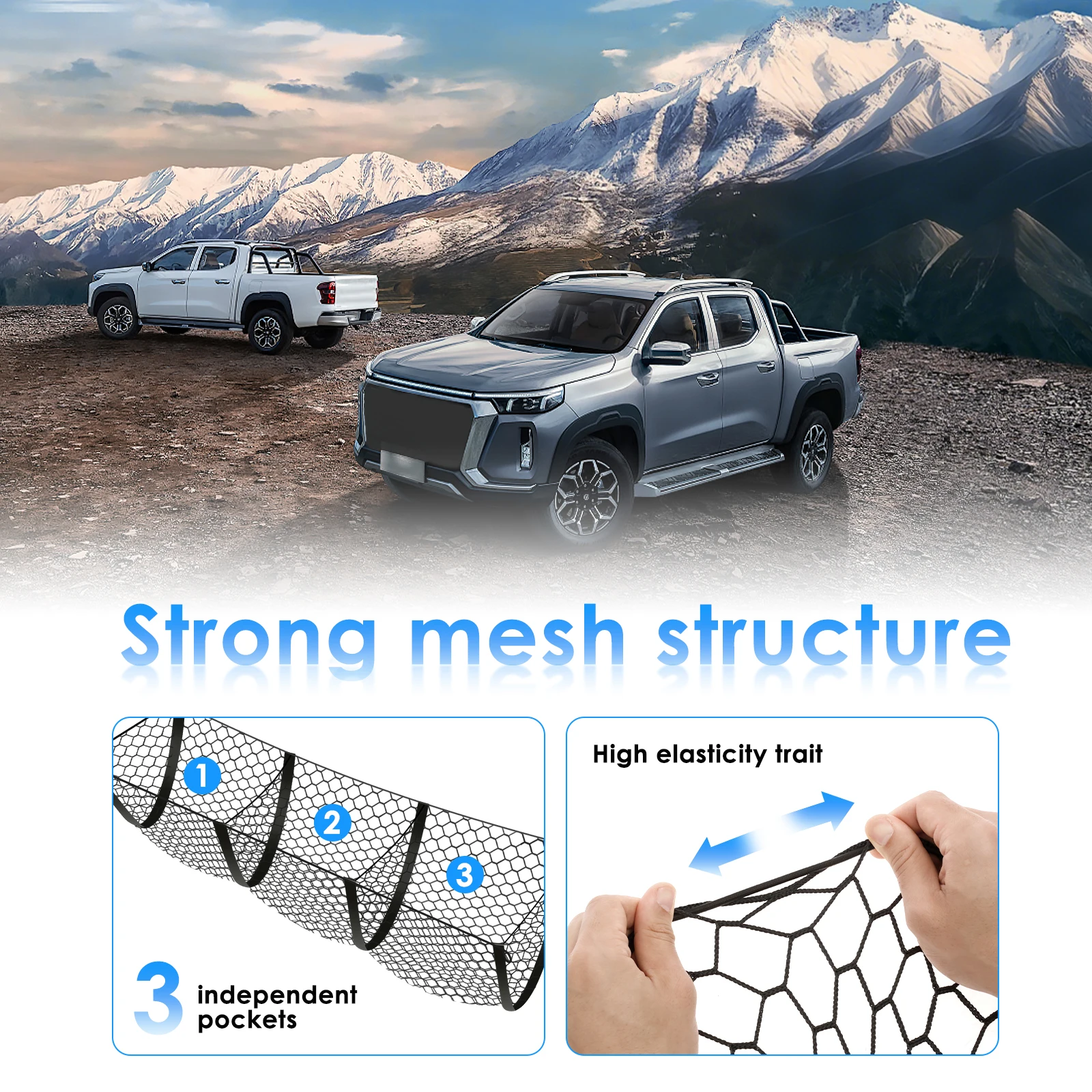 3 Pocket Cargo Net Truck Bed Rear Cargo Storage Mesh Netting with Elastic Strap Truck Accessories Bed Grocery Holder for SUV Car