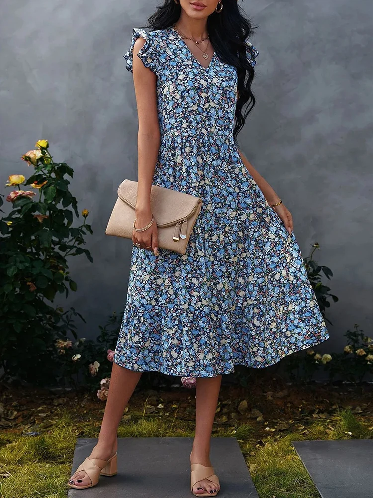 2023 Floral Print Women Summer Sleeveless V-Neck Dress – Dress Betty