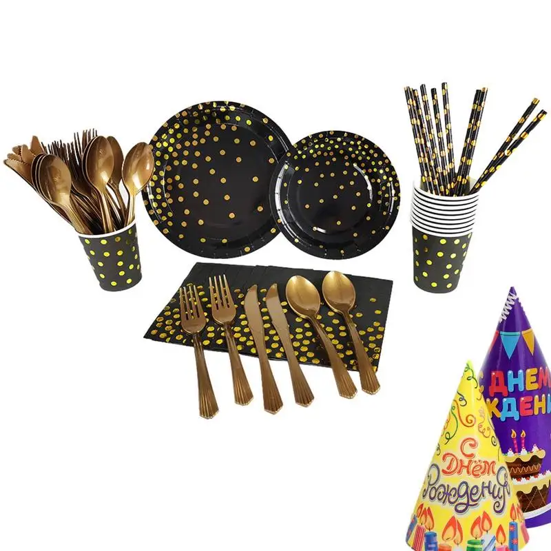 

Party Dinnerware Set Paper Tableware Plate Dinnerware Reception Kit Portable Paper Plate Set With Gold Foil Polka Dot Pattern