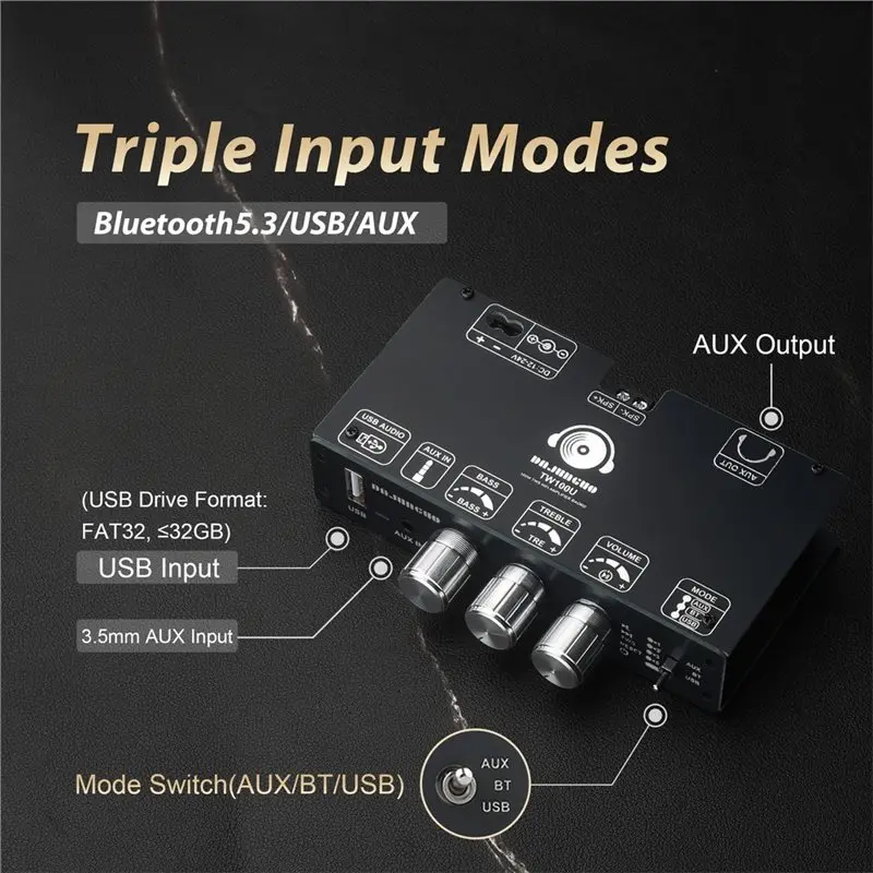 FULL-TW100U 100W 모노 앰프 보드, TPA3116D2 디지털 파워 앰프 모듈, TWS-무선 페어링, 블루투스 5.3, AUX 지원