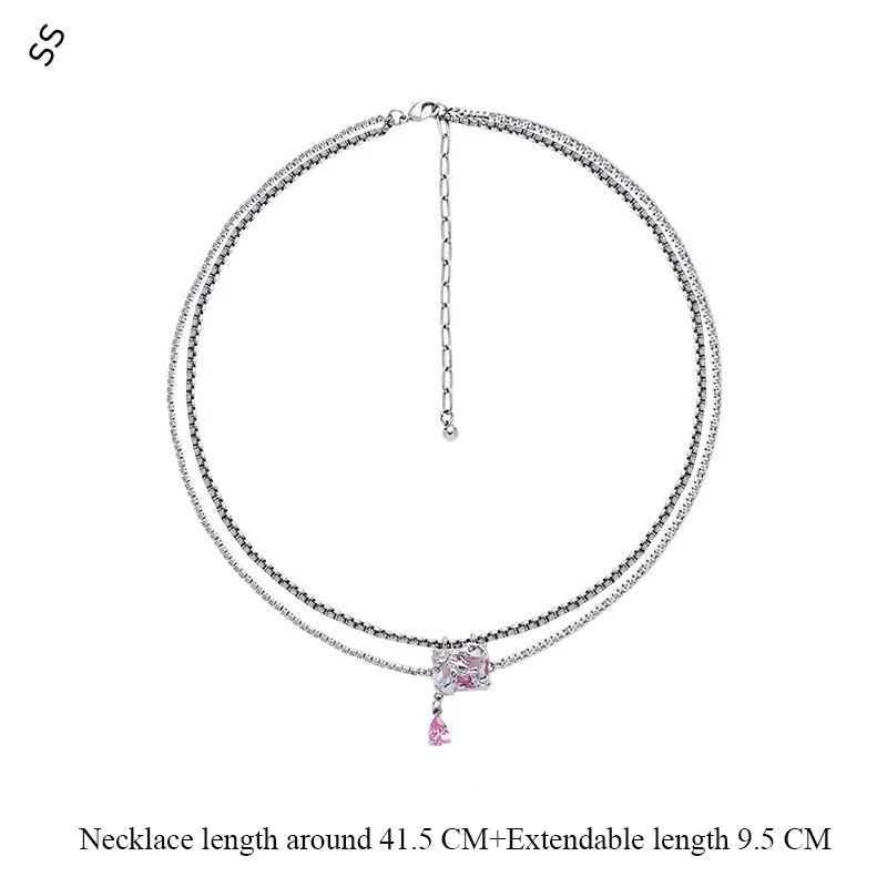 Sweet Pink Square Double Necklace Women's Pendant Temperament School Style Clavicle Chain Advanced Sense Lady Garment Accessory