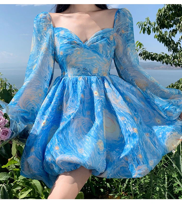 Elegant Printed Short Dresses for Women Backless Holiday Beach Style Lantern Sleeves A-line Floral Mini One Piece Vestido Mujer