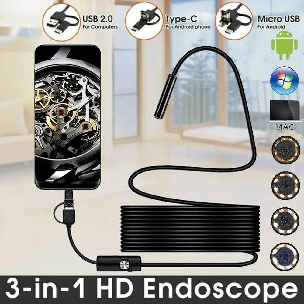 Megapixels HD USB C Endoscope Type C Borescope Inspection Camera for Android syanspan 9 wifi 20 50 100m pipe inspection video camera drain sewer pipeline industrial endoscope support android ios 17mm cam