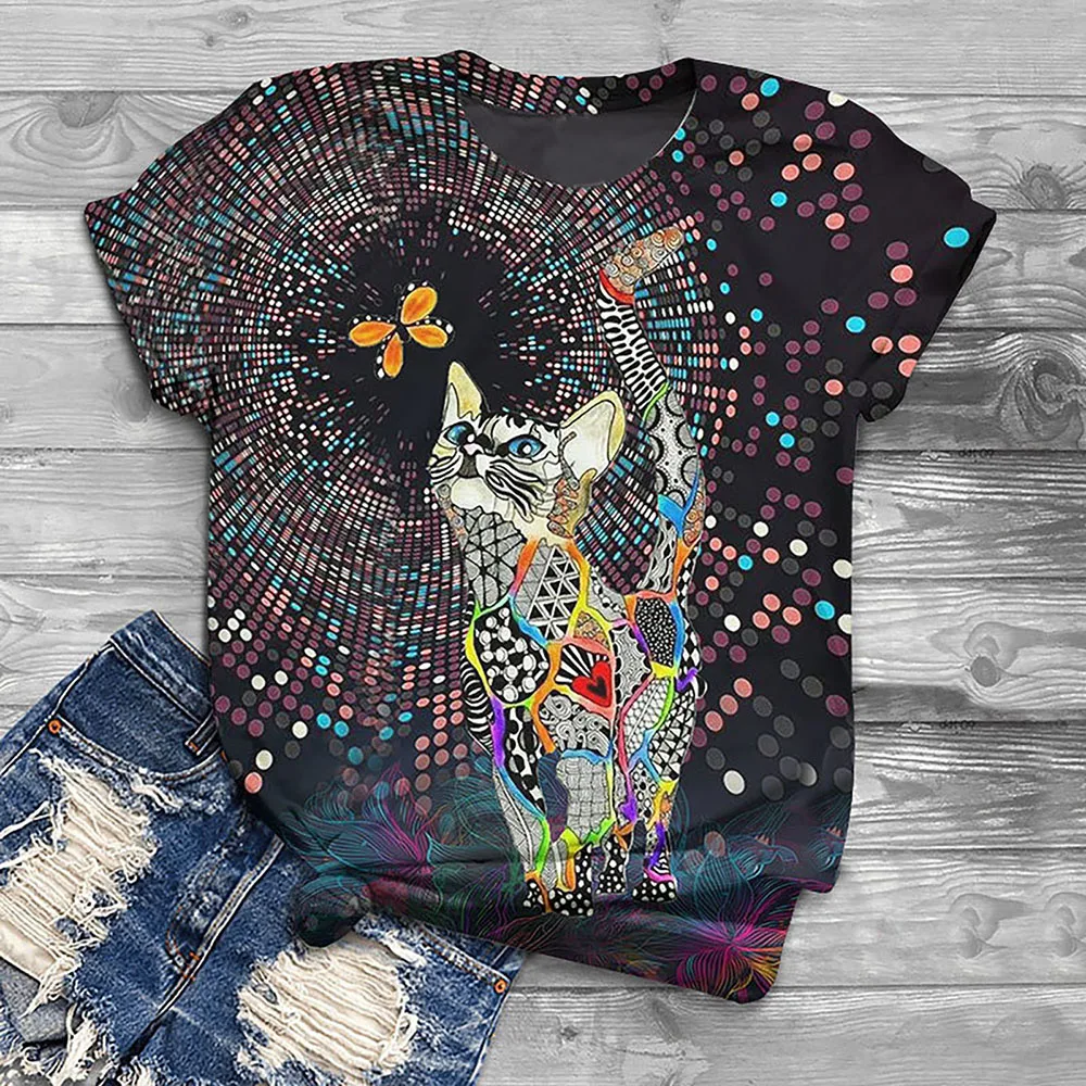 

3D printed oversized T-shirt Cute Cat Multi color Women's Summer Fashion Women's Shirt 2023 T-shirt Harajuku Street Girl T-shirt