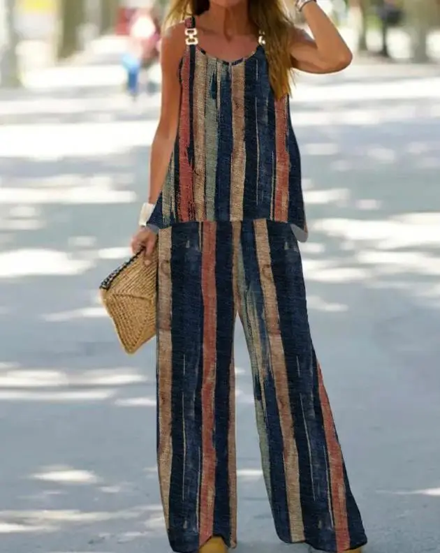 

Womens Two Piece Sets Outfit Striped Chain Strap Tank & Wide Leg Pants Set New Fashion 2023 Summer Casual Female Clothing