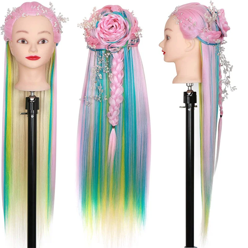 Colourful Synthetic Hair Mannequin Head With Free Clamp Stand And Tools 65cm Hair Styling Training Manikin Cosmetology Doll Head