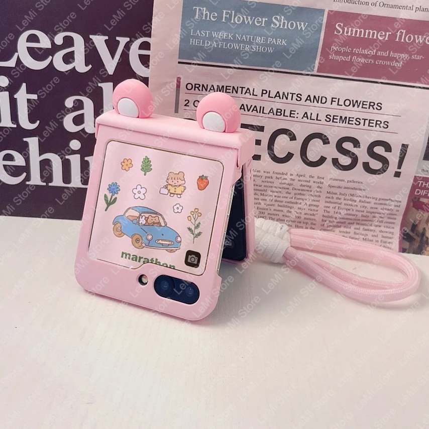 Adorable Ears Hand Strap Hinge Case - Flip Phone Cover