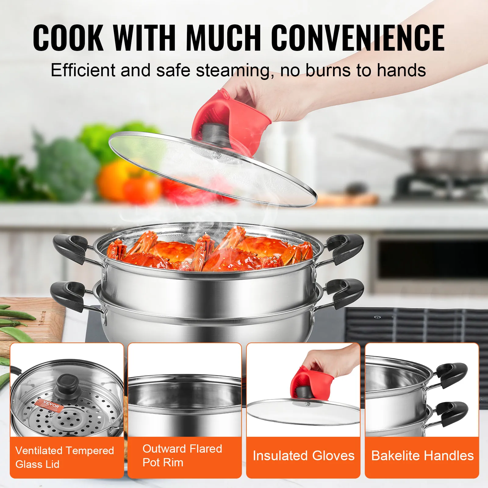 VEVOR Steamer Pot for Cooking Food-Grade 304 Stainless Steel Food Steamer Cookware w/ Lid for Gas Electric Induction Grill Stove