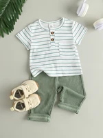 Summer New Arrival Boys’ Double-sided Waffle Knit Printed Short Sleeve T-shirt with Thin Long Pants Set, Simple and Casual Style