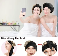 Nouveau Bonnet en Satin pour dormir, couverture de cheveux bouclés, Bonnet de nuit soyeux pour femmes, grand Bonnet de sommeil soyeux avec cravate 4