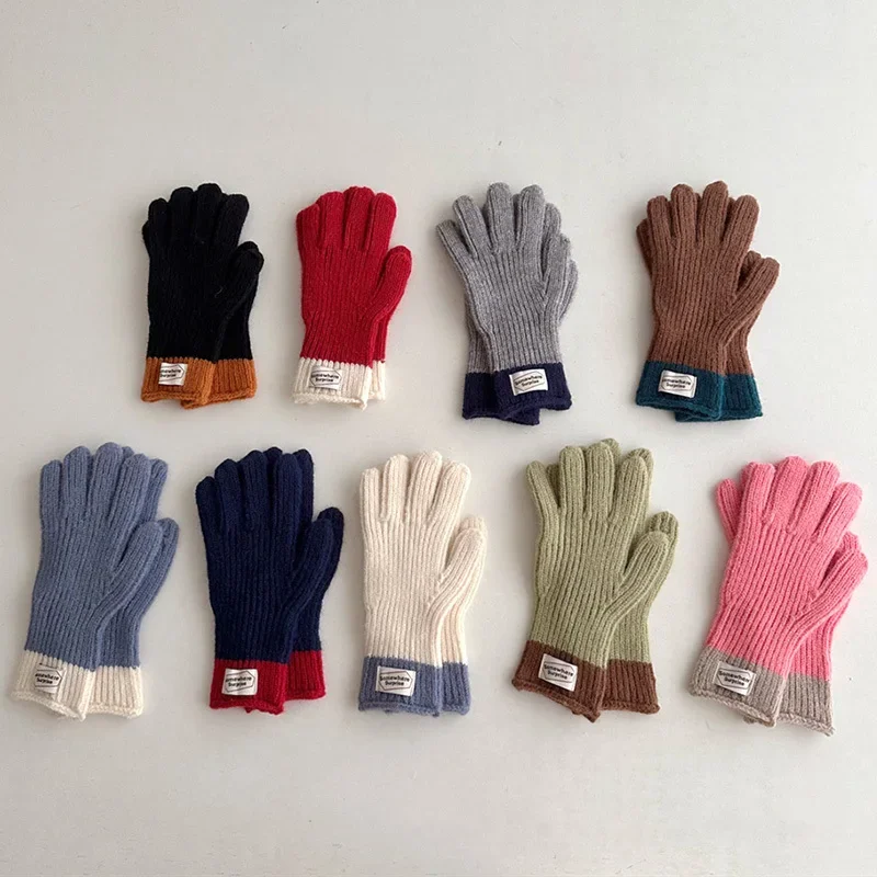 Winter Wool Kids Solid Gloves Thicken Children Baby Plush Furry Full Finger Knitted Mittens Autumn Outdoor Hand Warmer for 6-12Y 2