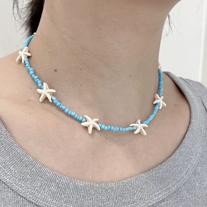 Böhmische Seestern Perlenkette Bunte Sommer Strand Halskette Damen_voghion.com