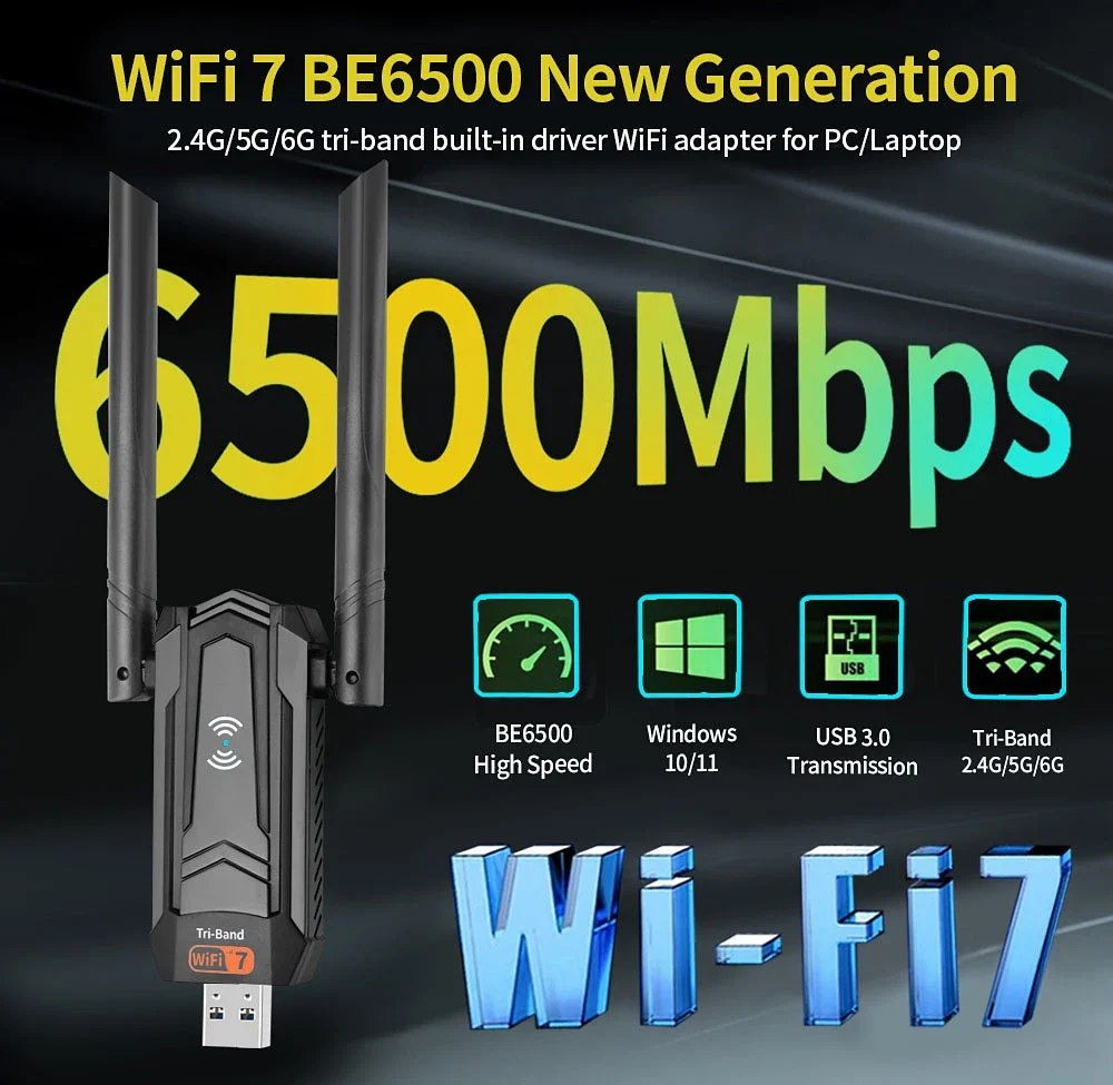WiFi 7 6500Mbps USB WiFi 어댑터 USB 3.0 802.11BE 동글 트라이 밴드 2.4G/5G/6GHz 2*4dbi 안테나 네트워크 카드 Win10/11 드라이버 불필요