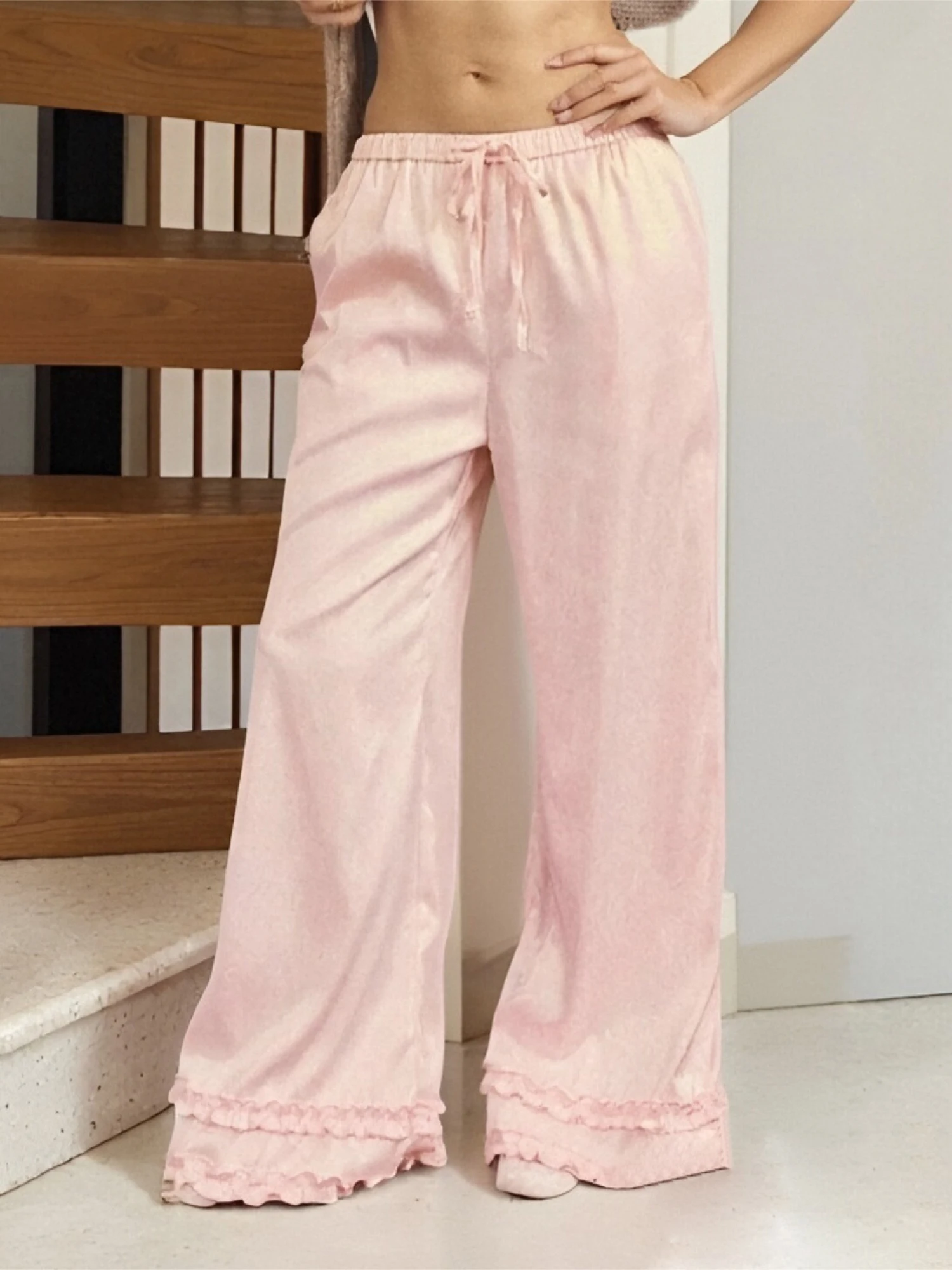 Women Comfy Wide Leg Lounge Pants with Ruffled Hem and Adjustable Drawstring Waistband for Casual Wear 6 Sb305276adb5f49ffbd542d5ea3c61987H