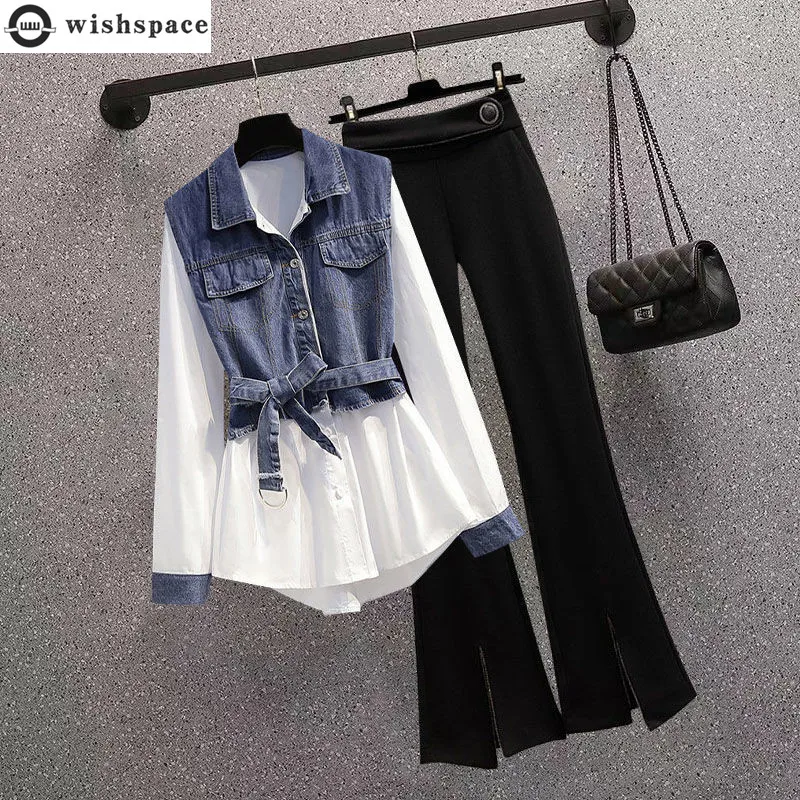 2022 Spring New Korean Fashion Elegant Women's Pants Suit Fashion Denim Shirt Black Trousers Two-piece Set Female Tracksuit 2023 new women jeans loose large size 90 00kg wearable thin denim trousers fashion casual high waist slimming straight pants