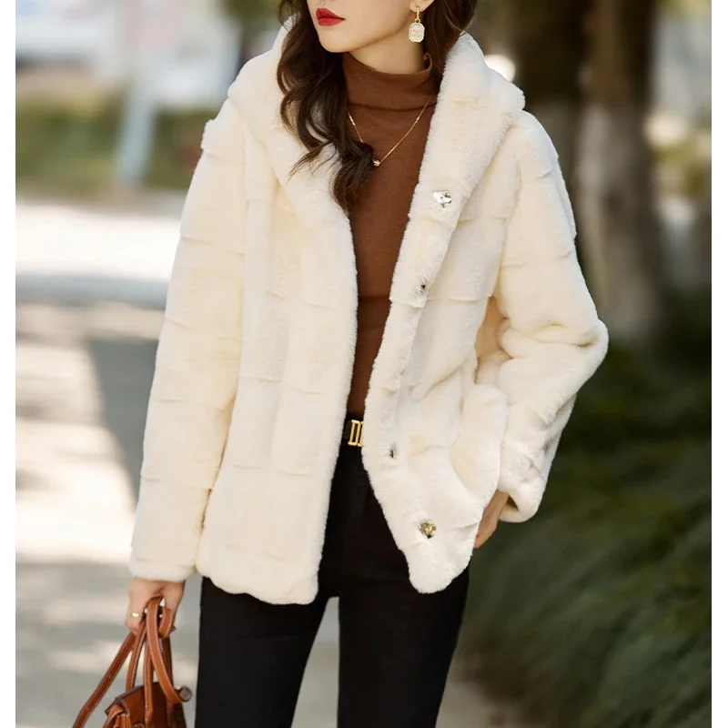 

Hooded Faux Fur Coat for Women 2024 Winter Fashion Luxury Button-up Warm Fluffy Fur Jacket Overcoat Female Clothing 50386