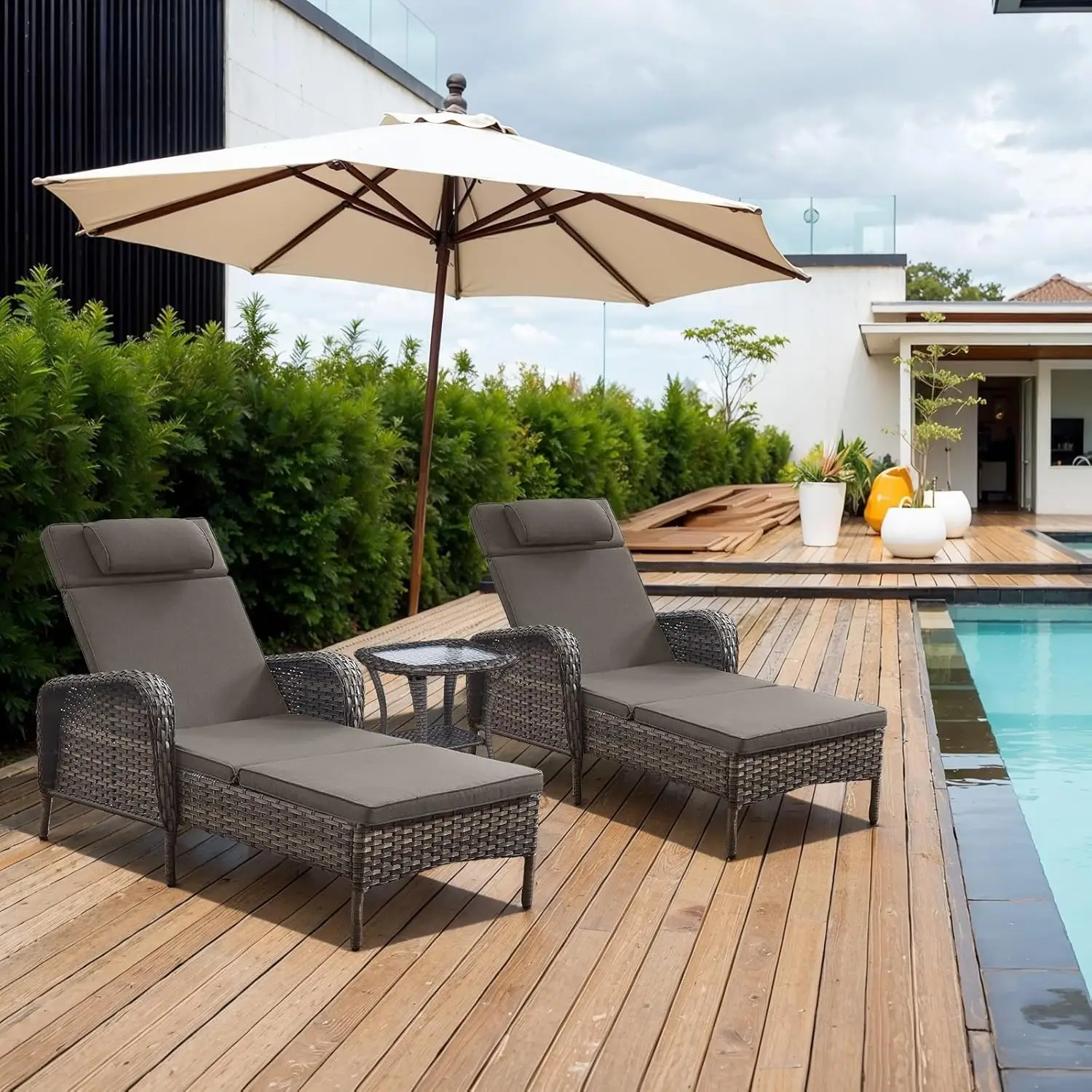 3 Piece Outdoor Chaise Lounge Patio Recliner - 75 Inch Adjustable Wicker Chaise Lounge with Soft Pillow Removable, Customized