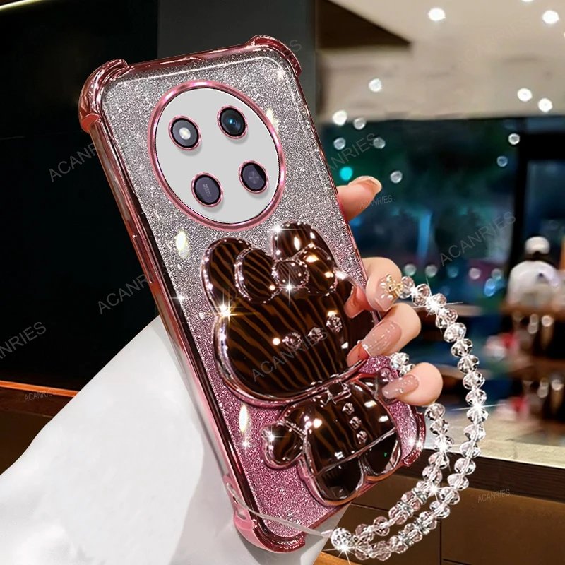 Mirror Rabbit Stand Clear Silicone Soft Case with Plating & Bead Chain - Anti-Fall Four Corners Protection