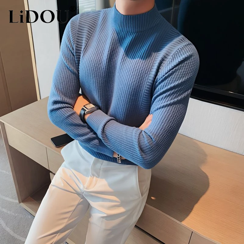 

spring autumn new Solid color fashion Long Sleeve sweater man High street Casual Screw Thread Korean style All-match Pullovers