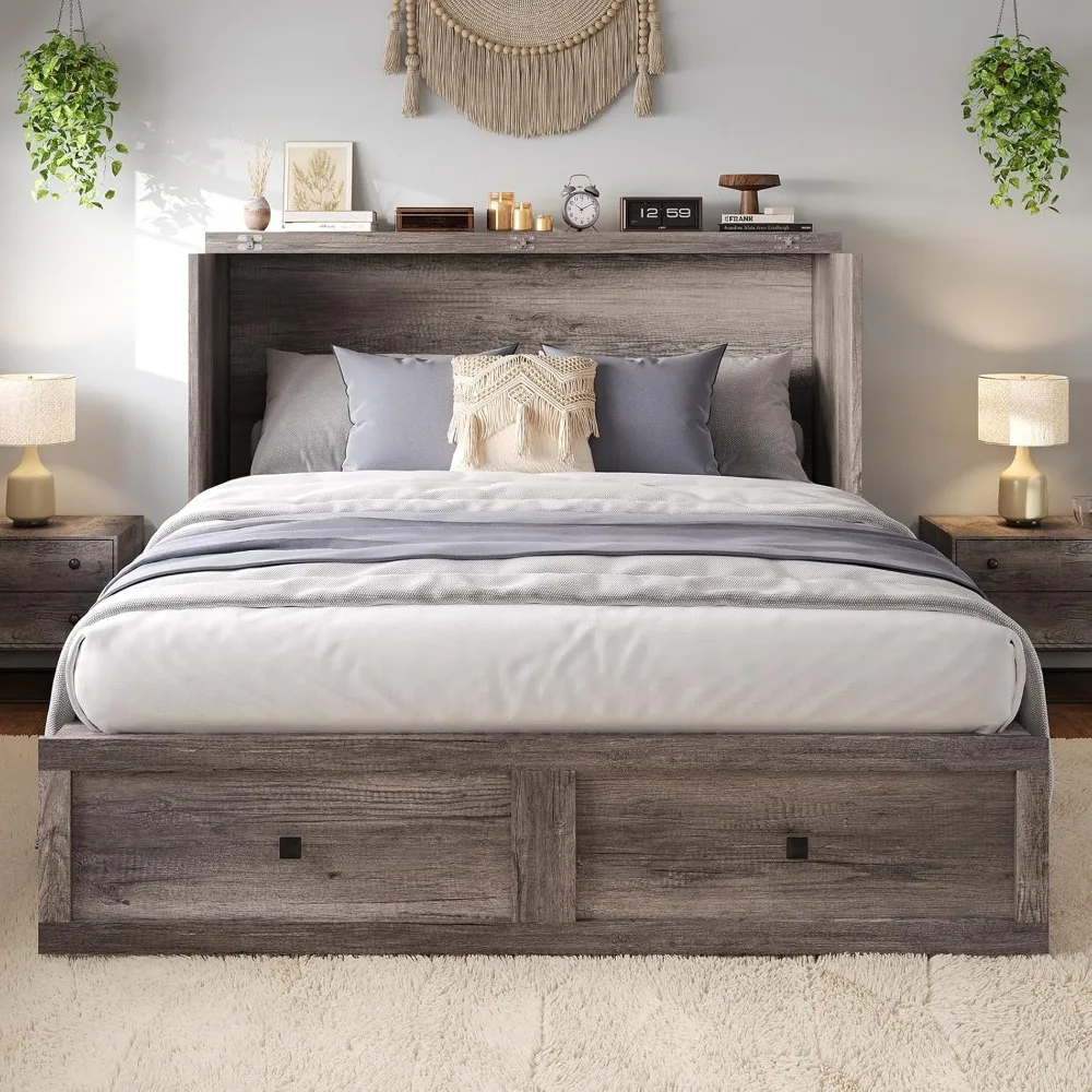 Murphy Bed, Cabinet Bed with Charging Station Large Storage Drawer for Home Office or Room, Hideaway Full Foldable Platform Bed 6