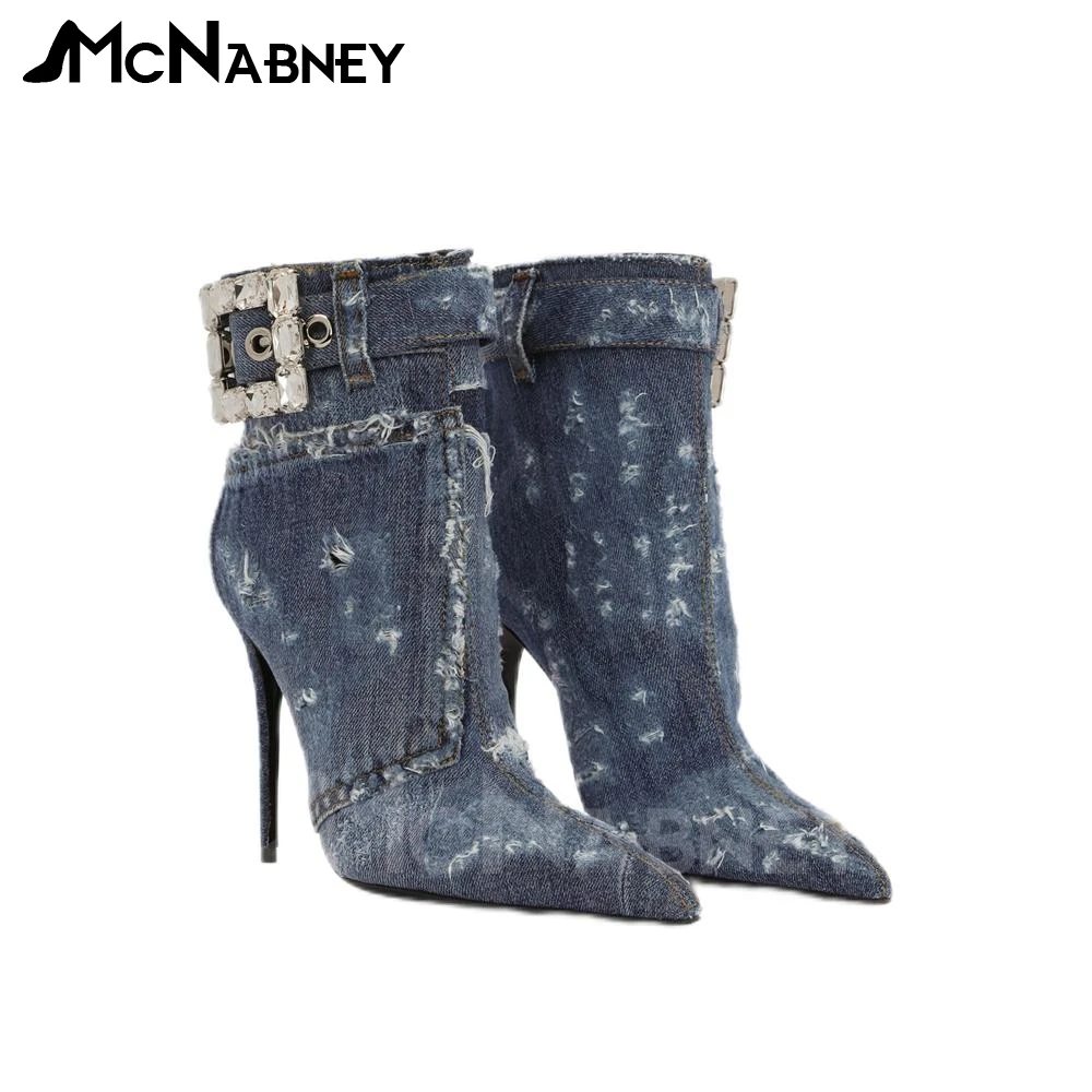 

Distressed Denim Booties Luxurious Crystal Buckle Ankle Boots Pointed Toe Stiletto Heels Sexy Style Designer Boots for Women New