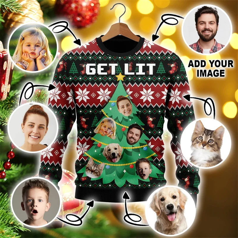 thumbnail image 2 of Suéter navideño feo con foto personalizada y estampado 3D divertido para mujer, ropa para personalizar la cara, sudadera con imagen de bricolaje, regalo, tops, 2 of 5