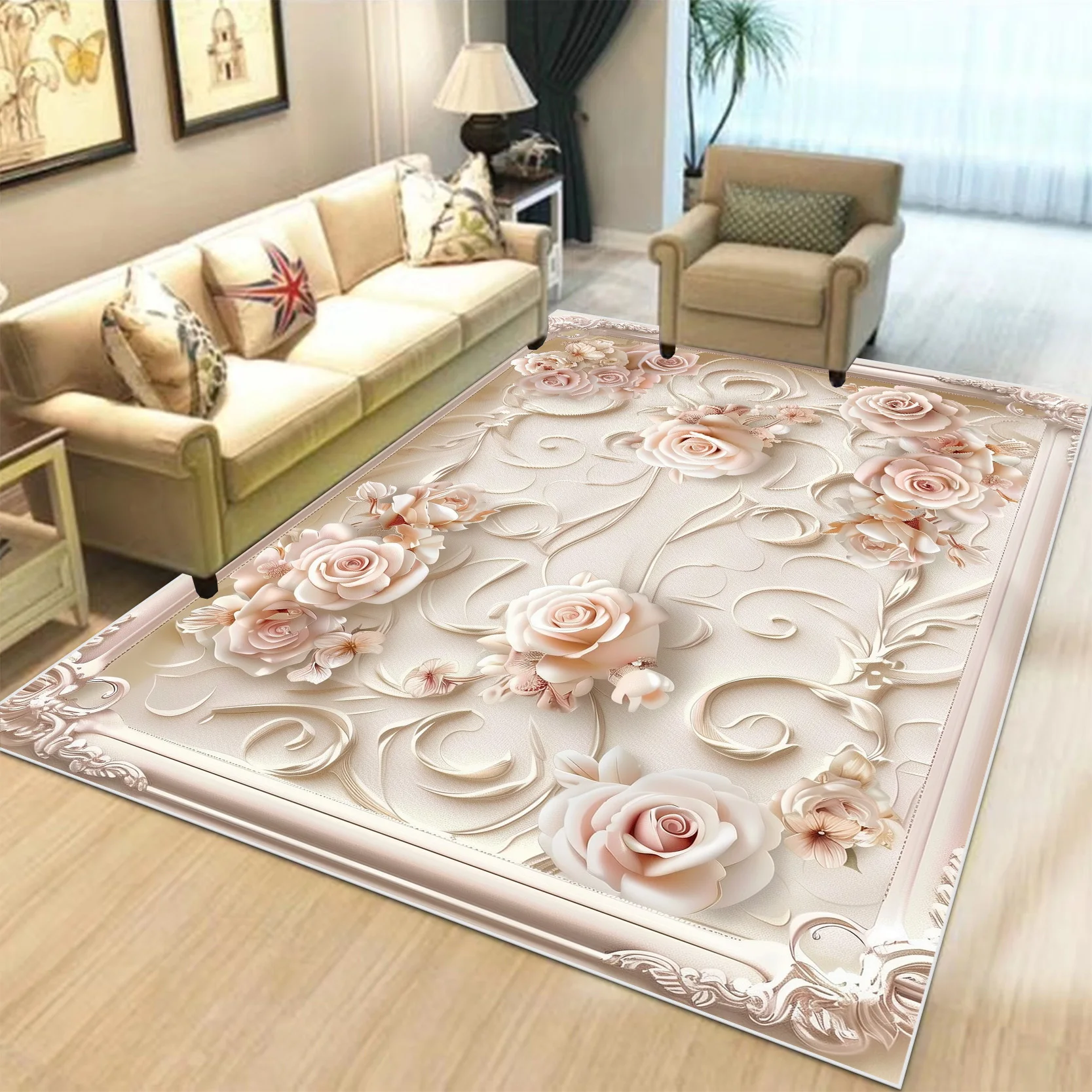 European Light Luxury Carpet Living Room Large Size Flower Pattern Home Bedroom Decor Rugs Washable Lounge Non-slip Floor Mats 3