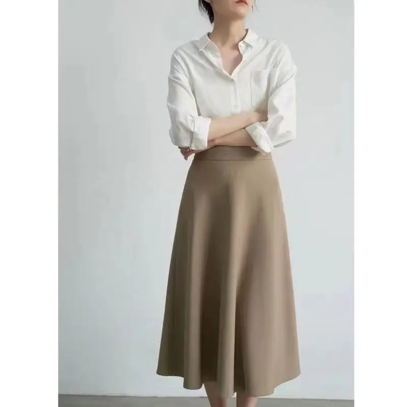 Solid Simplicity Elegant A-line Skirt Spring Autumn New High Waist Zipper Temperament Half Skirt Casual Fashion Women Clothing 6