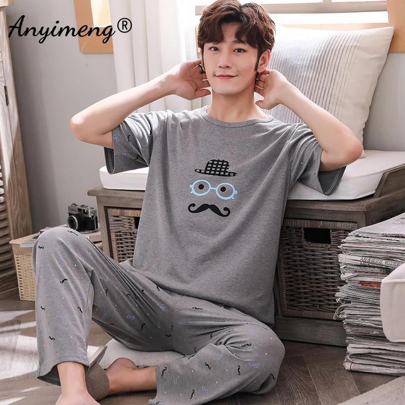 Plus Size Pajamas 3xl 4xl Sleepwear Short Sleeved Long Pants Cotton Homewear Leisure Pyjamas Plaid Pants Men Summer Nightwear cotton pyjama set Pajama Sets